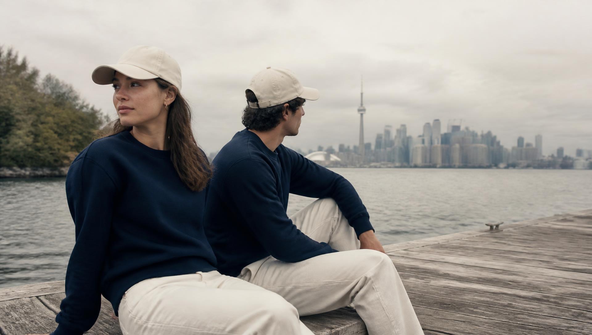 Two people in Always Lake Ontario crewnecks on a dock at the Toronto Islands